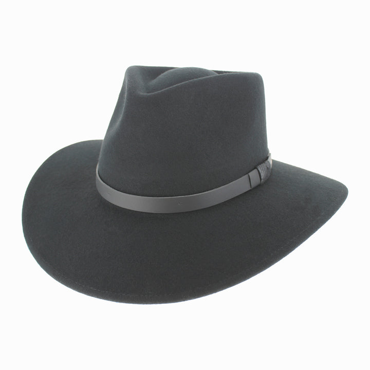 Side view of Black wool Alejandro safari hat showing wide brim and sturdy shape for fall winter adventures