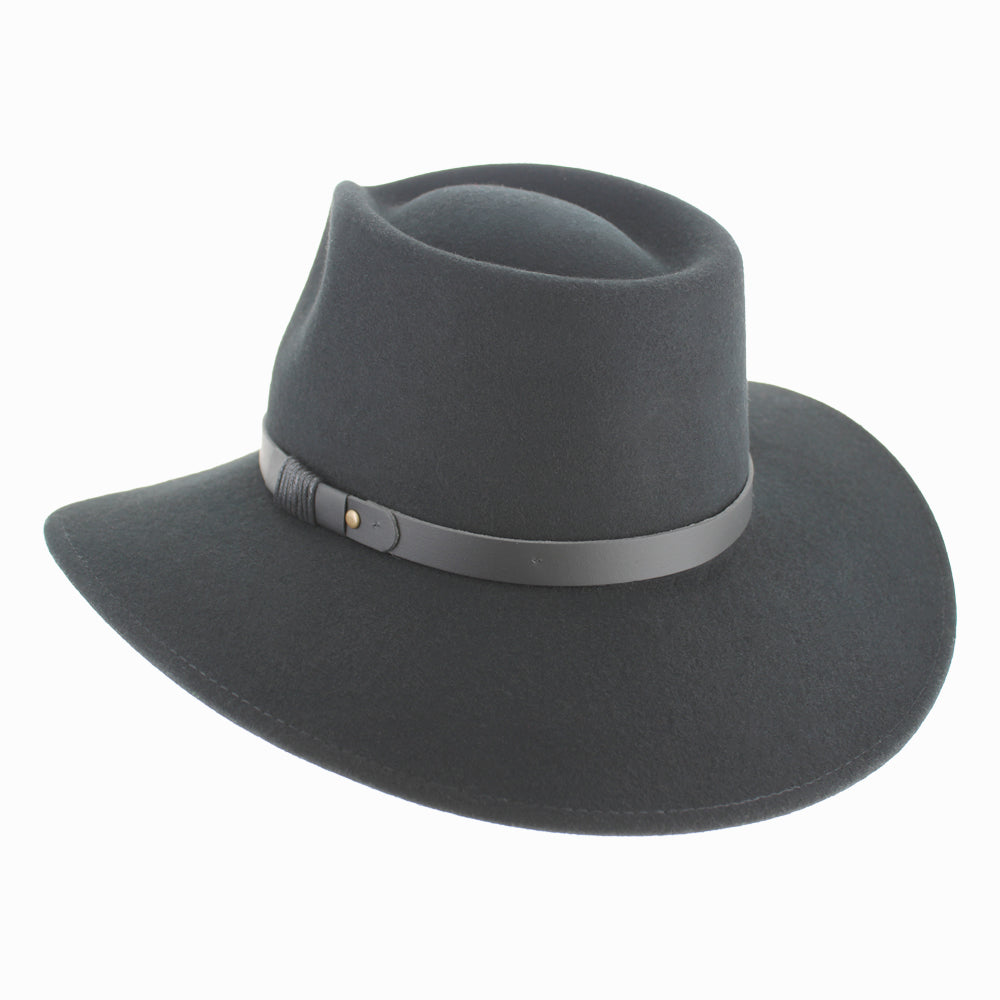 Black wool Alejandro semi-packable safari hat with wide brim, perfect for fall winter outdoor trips