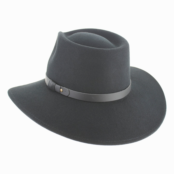 Black wool Alejandro semi-packable safari hat with wide brim, perfect for fall winter outdoor trips