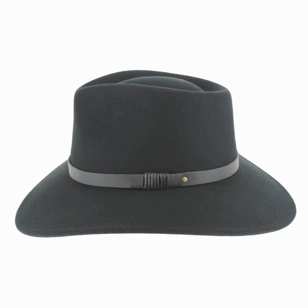 Close-up of Black Belfry Alejandro wool felt safari hat with leather band, ideal for cold-season wear