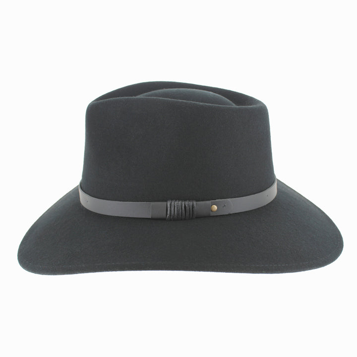 Close-up of Black Belfry Alejandro wool felt safari hat with leather band, ideal for cold-season wear