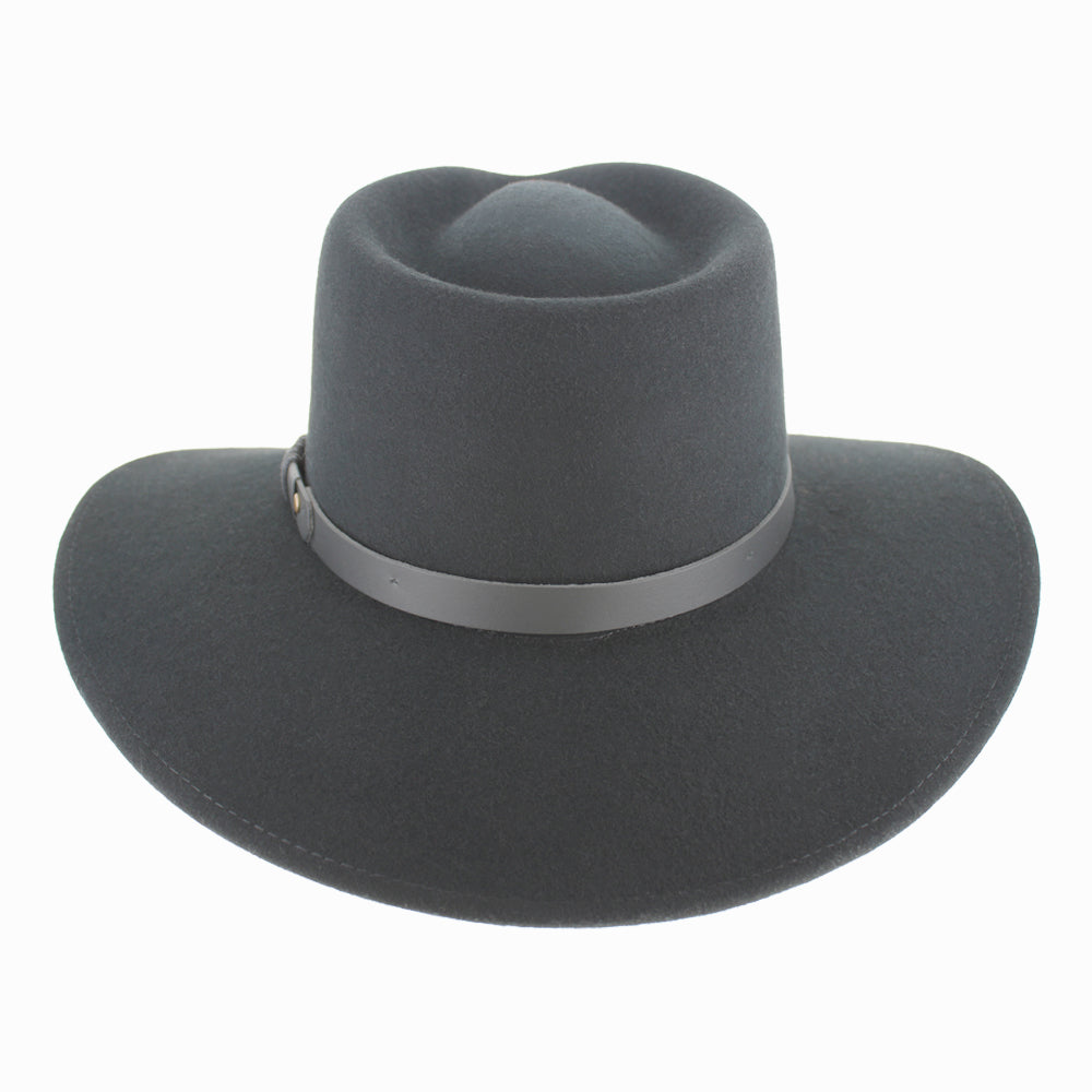 Detail of Black Belfry Alejandro wool safari hat showing smooth felt and leather band for winter styling