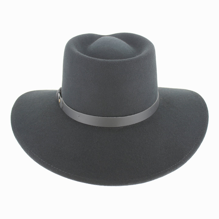 Detail of Black Belfry Alejandro wool safari hat showing smooth felt and leather band for winter styling
