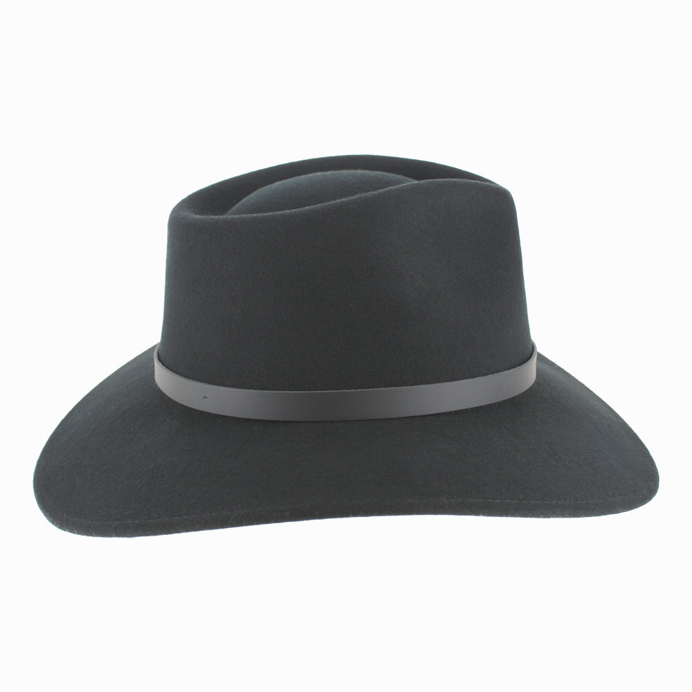 Back angle of Black Alejandro wool safari hat with structured wide brim for fall winter protection