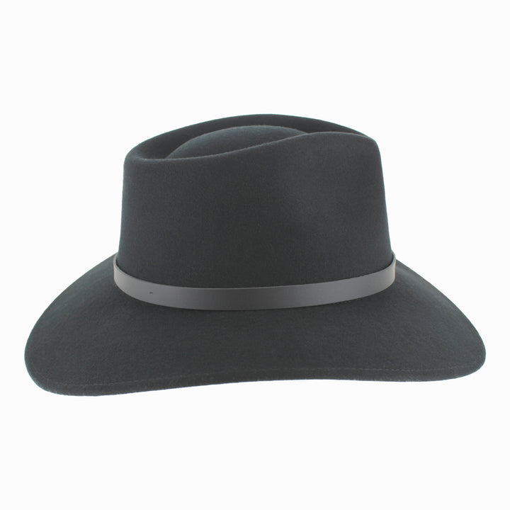 Back angle of Black Alejandro wool safari hat with structured wide brim for fall winter protection