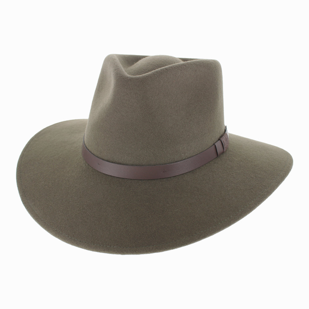 Side view of Olive wool Alejandro safari hat showing durable wide brim for fall winter outdoor wear