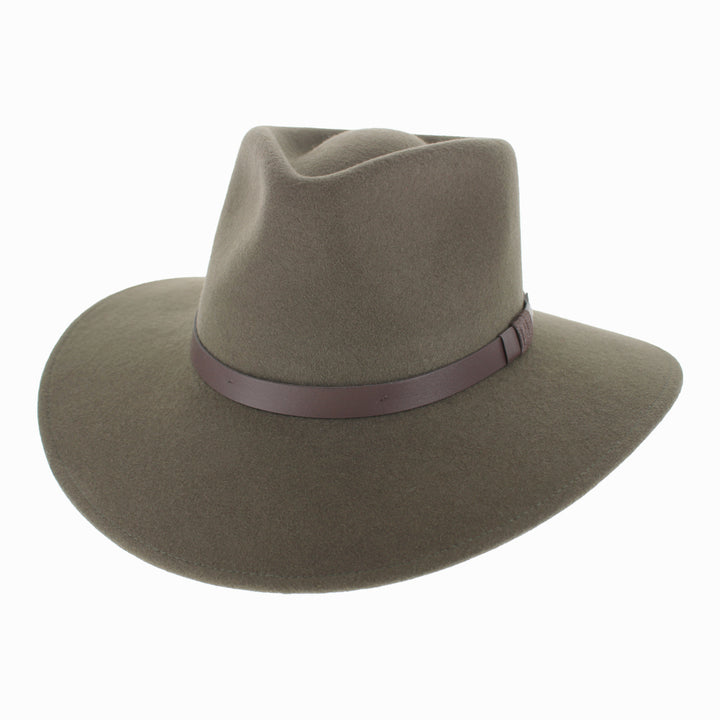 Side view of Olive wool Alejandro safari hat showing durable wide brim for fall winter outdoor wear