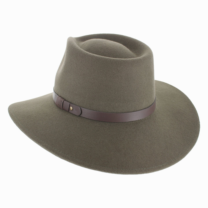 Olive wool Alejandro semi-packable safari hat with wide brim, perfect for rugged fall winter trips