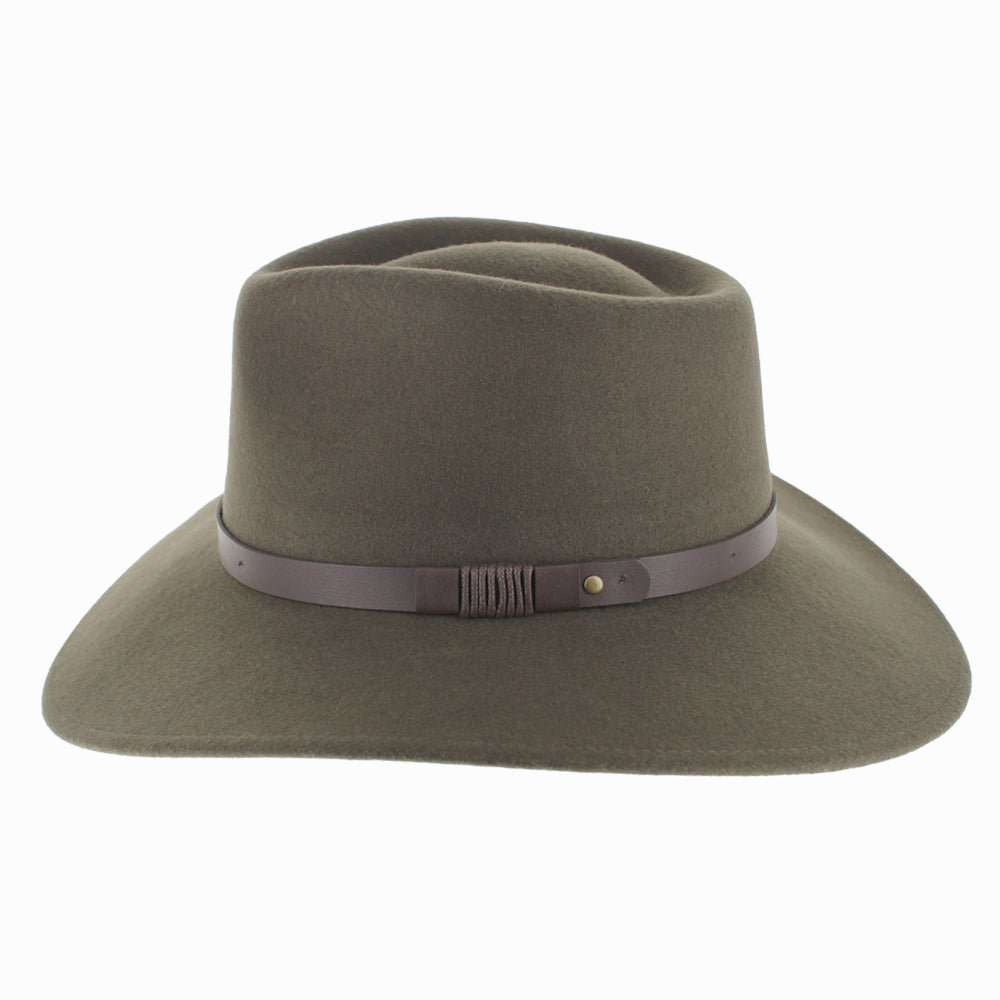 Close-up of Olive Belfry Alejandro wool felt safari hat with leather band, ideal for cold-weather outfits