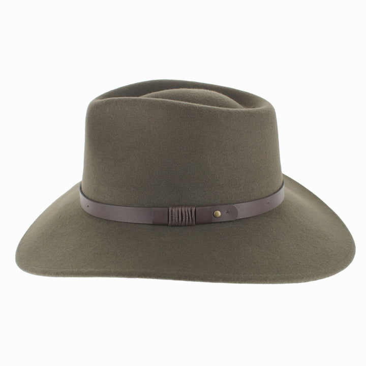 Close-up of Olive Belfry Alejandro wool felt safari hat with leather band, ideal for cold-weather outfits