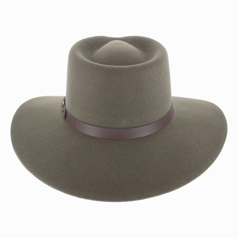 Detail of Olive Belfry Alejandro wool safari hat showing felt texture and leather band for winter styling