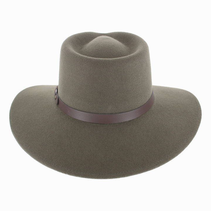 Detail of Olive Belfry Alejandro wool safari hat showing felt texture and leather band for winter styling