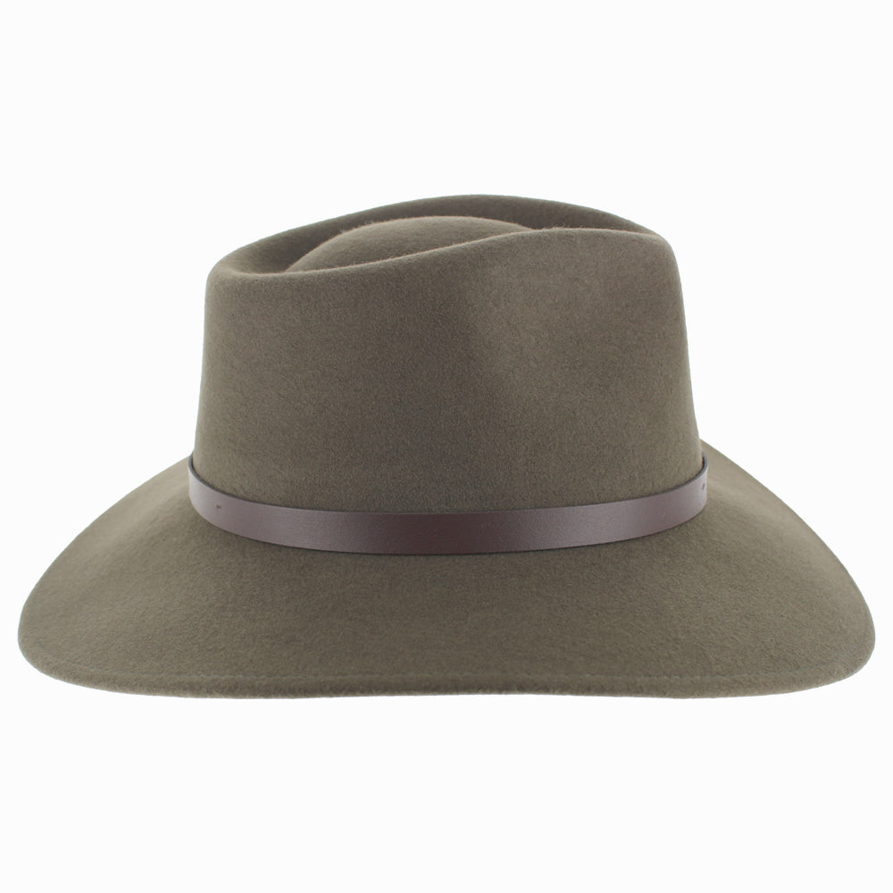 Back angle of Olive Alejandro wool safari hat with strong wide brim for fall winter protection