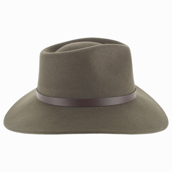 Back angle of Olive Alejandro wool safari hat with strong wide brim for fall winter protection