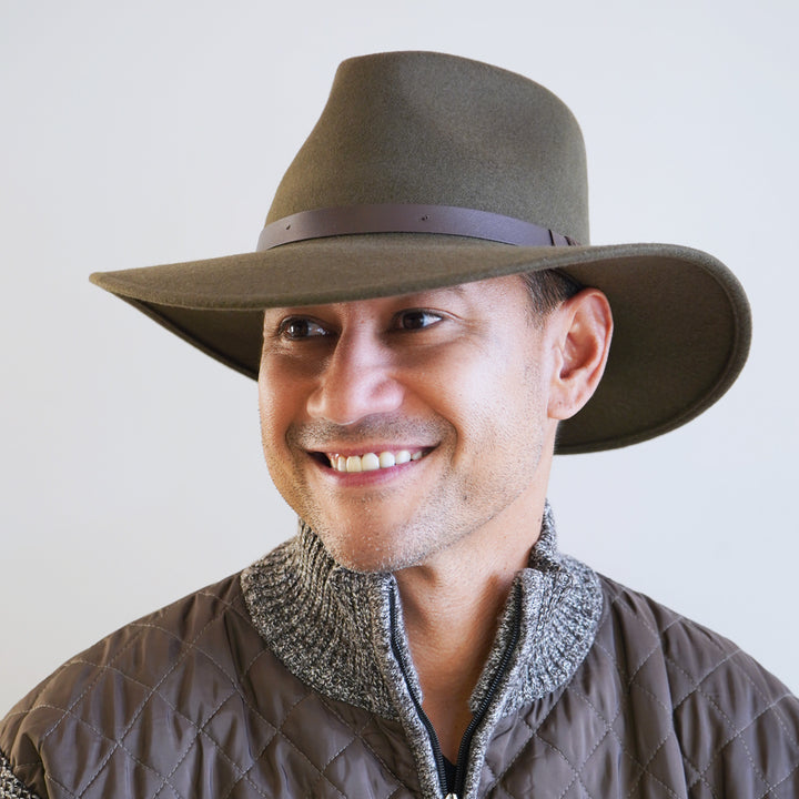 Olive Belfry Alejandro wool safari hat with wide brim and leather band, water-repellent for fall winter travel