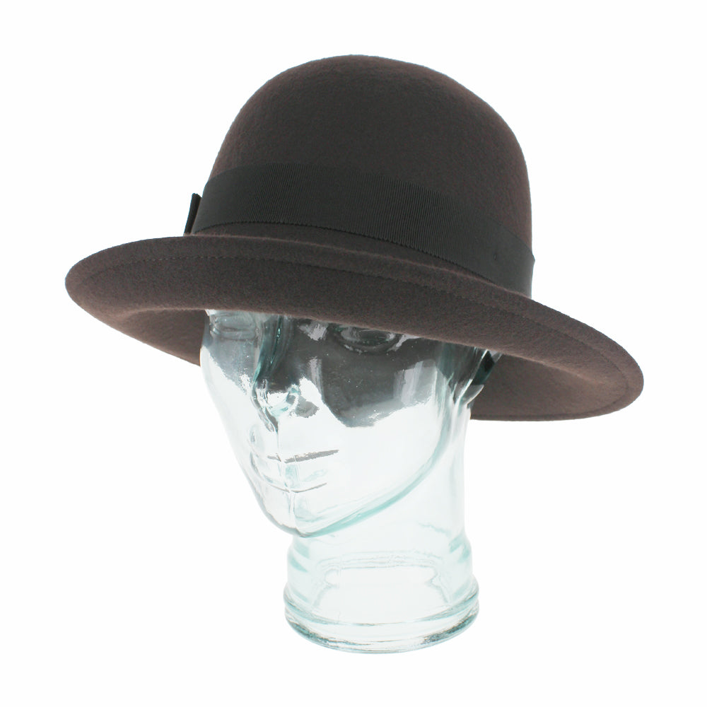 Model wearing Brown wool Avellino cloche with rolled brim for stylish fall winter outfits