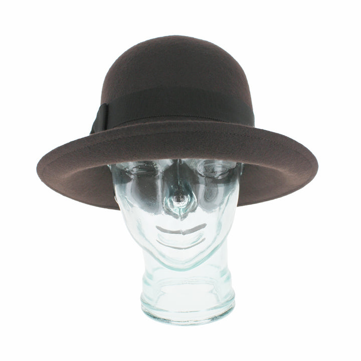 Detail of Brown Belfry Avellino wool cloche showing grosgrain band for fall winter styling