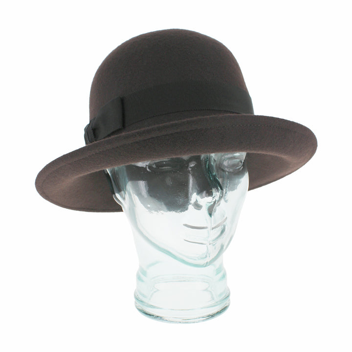 Brown wool Belfry Avellino cloche with rolled brim and snug fit, perfect for chic fall winter styling