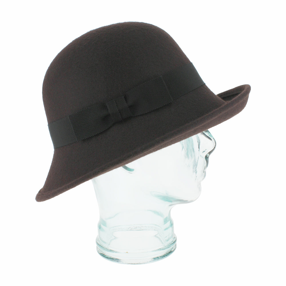 Side view of Brown wool Avellino cloche showing soft brim, ideal for fall winter outfits
