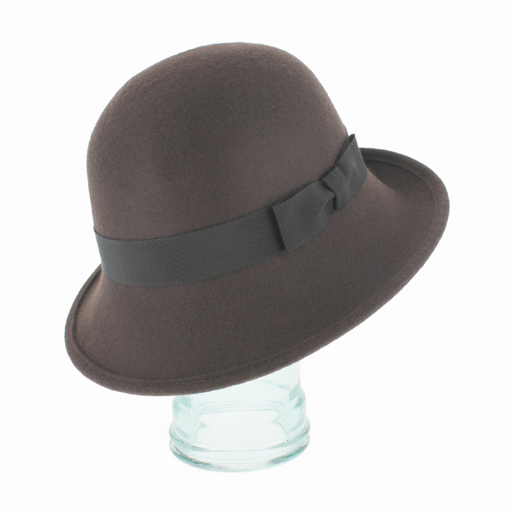 Close-up of Brown Belfry Avellino cloche with grosgrain band for warm fall winter wear