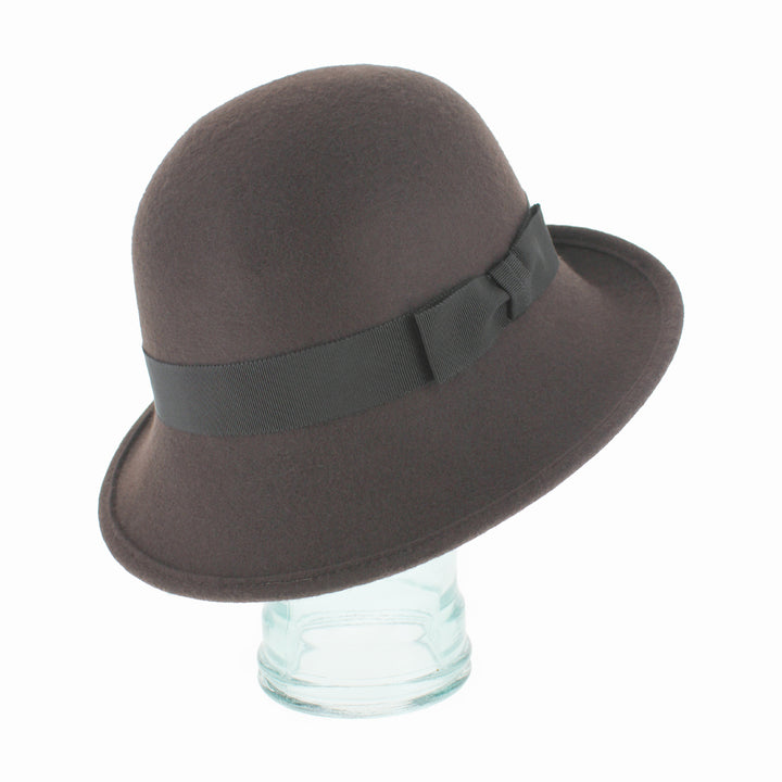 Close-up of Brown Belfry Avellino cloche with grosgrain band for warm fall winter wear