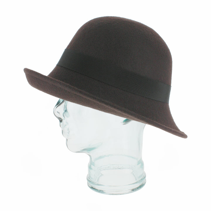 Back view of Brown Avellino cloche with adjustable strap for a cozy fall winter fit