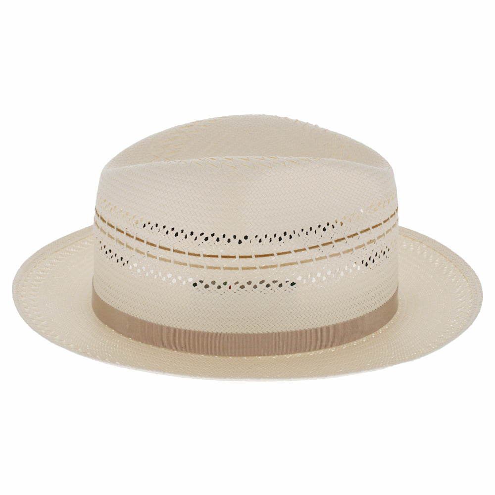Beige straw hat with decorative band on a white background
