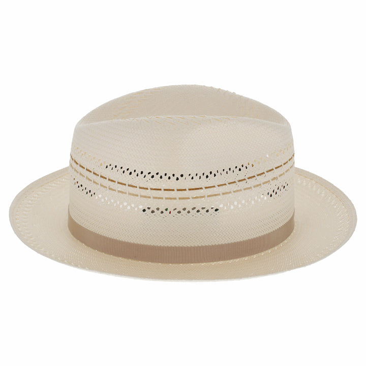 Beige straw hat with decorative band on a white background