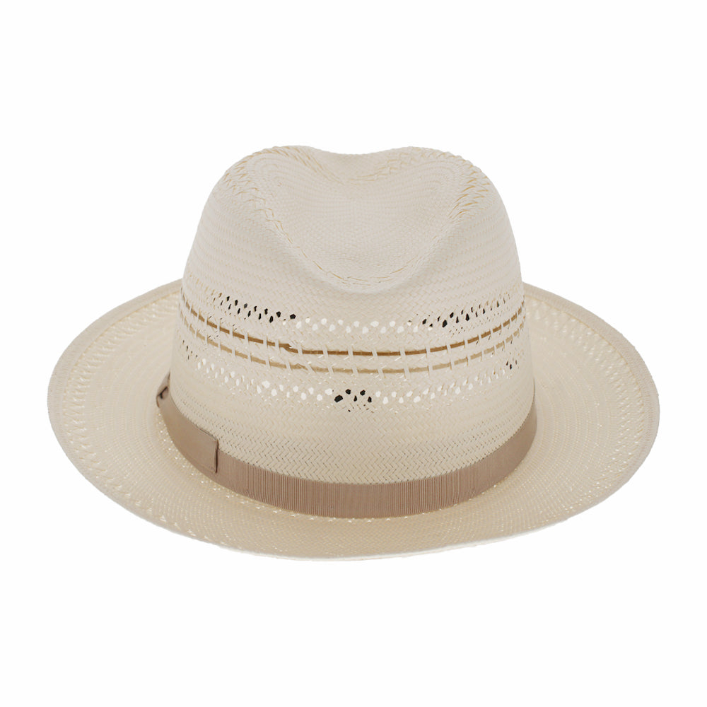 Beige straw hat with a brown band on a white background