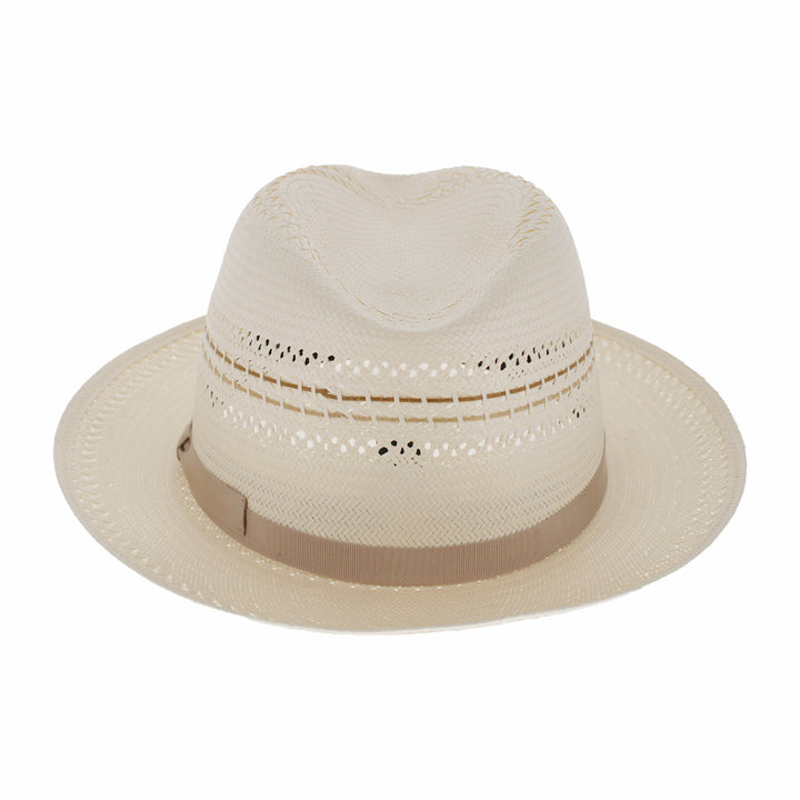 Beige straw hat with a brown band on a white background