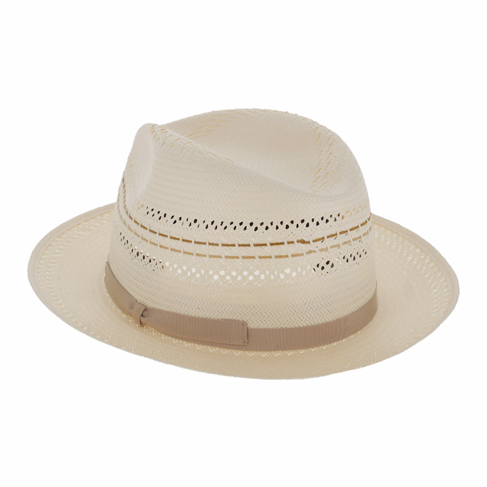 Beige straw hat with a brown band on a white background