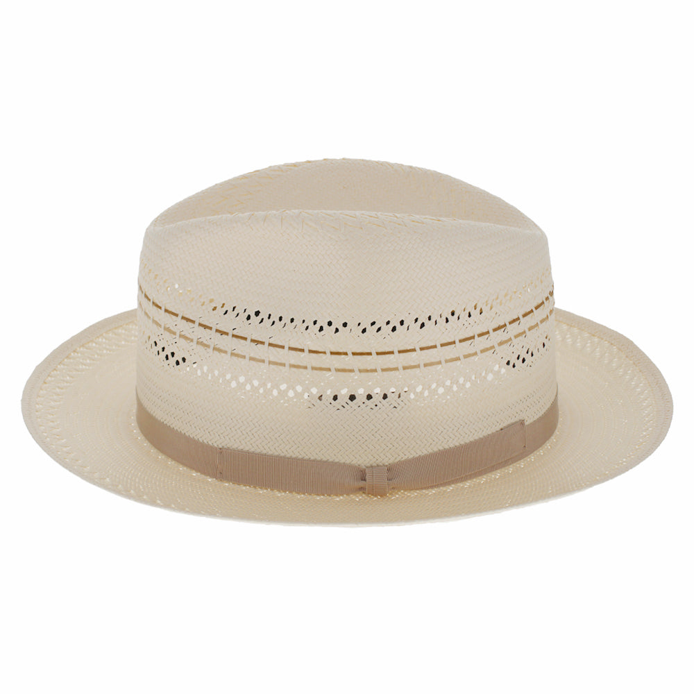 Beige straw hat with a brown band on a white background