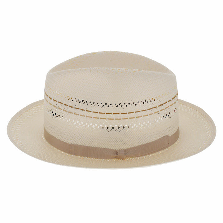 Beige straw hat with a brown band on a white background