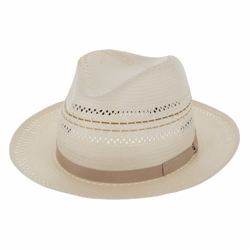 Beige straw hat with a brown band on a white background