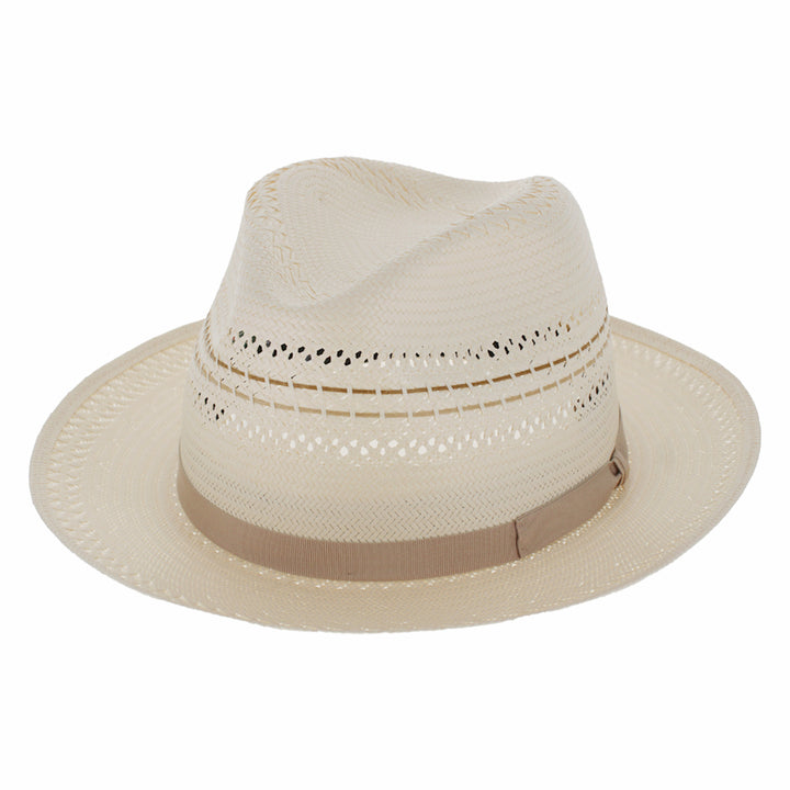 Beige straw hat with a brown band on a white background
