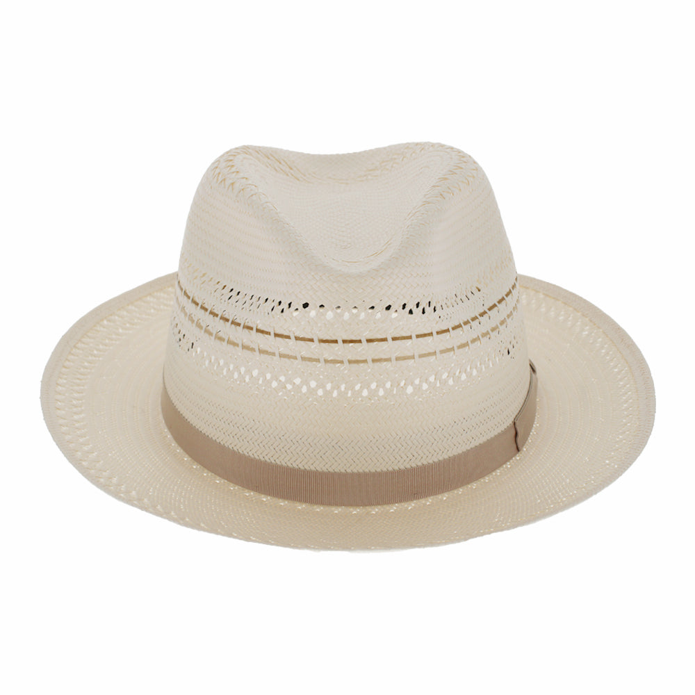 Beige straw hat with a brown band on a white background