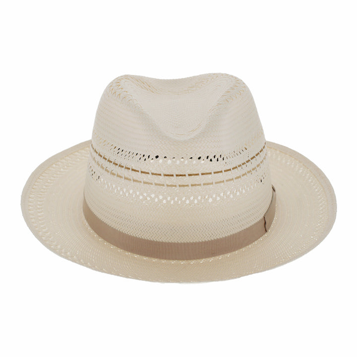 Beige straw hat with a brown band on a white background