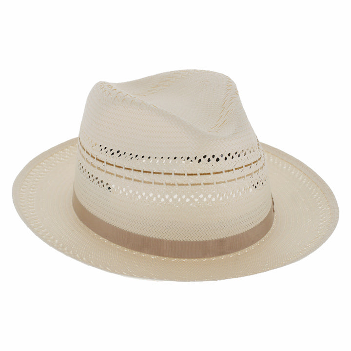 Beige straw hat with a brown band on a white background
