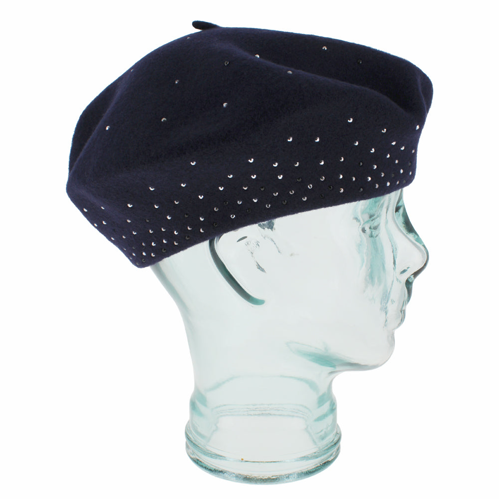 Close-up of the Belfry Bella tam hat in navy wool highlighting its subtle rhinestone detailing, a chic cold-weather accessory perfect for stylish fall and winter fashion