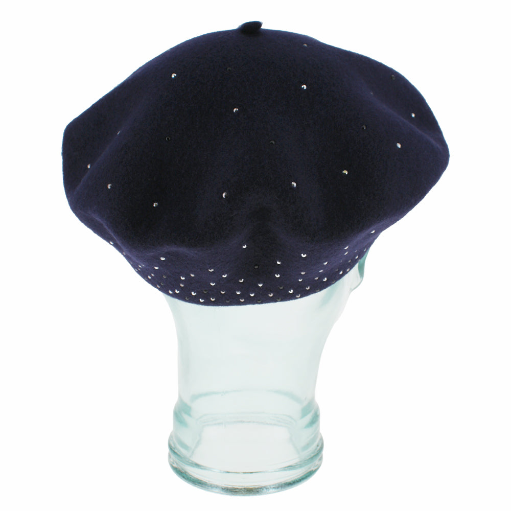 Side profile of the Belfry Bella women’s tam in navy wool with rhinestone accents, blending classic comfort and modern glamour for versatile autumn and winter wear