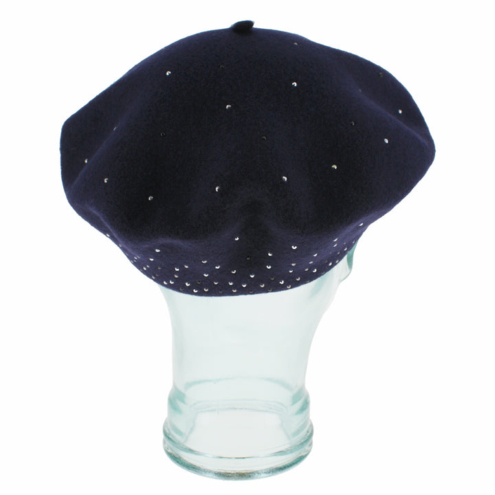 Side profile of the Belfry Bella women’s tam in navy wool with rhinestone accents, blending classic comfort and modern glamour for versatile autumn and winter wear