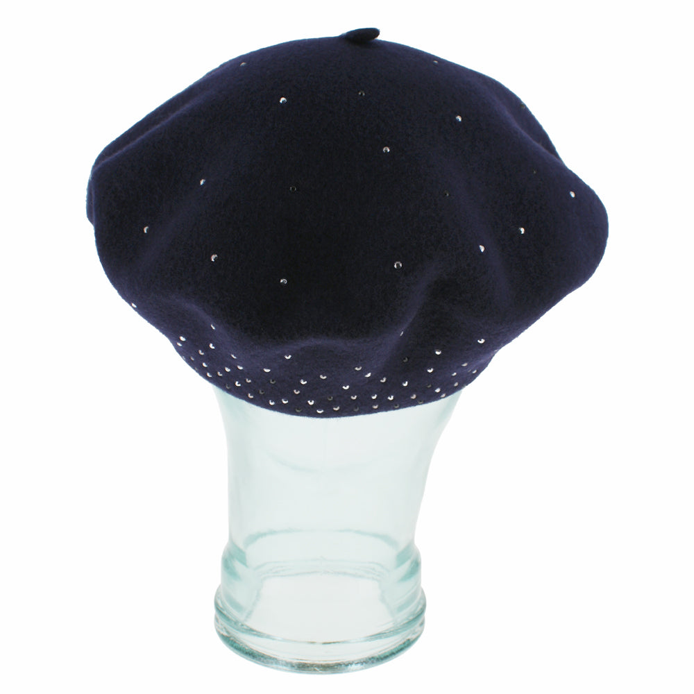Detailed shot of the Belfry Bella navy wool tam hat featuring sparkling rhinestone embellishment, a refined seasonal piece for elegant fall and winter women’s wardrobes