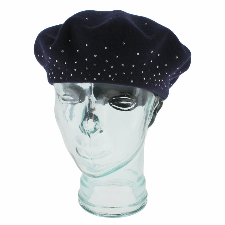 Top view of the Belfry Bella navy tam hat in wool with rhinestone embellishments, designed for timeless style and seasonal warmth in fall and winter cold-weather dressing