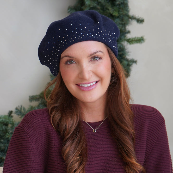 women wearing navy beret with black and silver rhinestones belfry bella