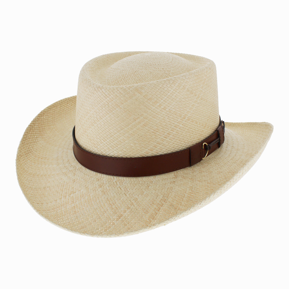 Natural Panama straw gambler hat with wide brim and structured crown for sun protection