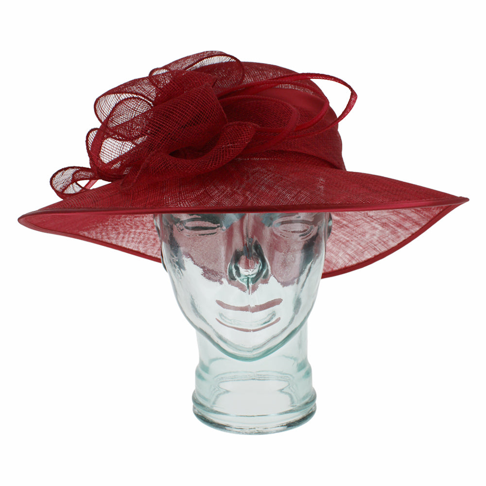 Red sinamay dress hat designed for weddings garden parties and special occasions