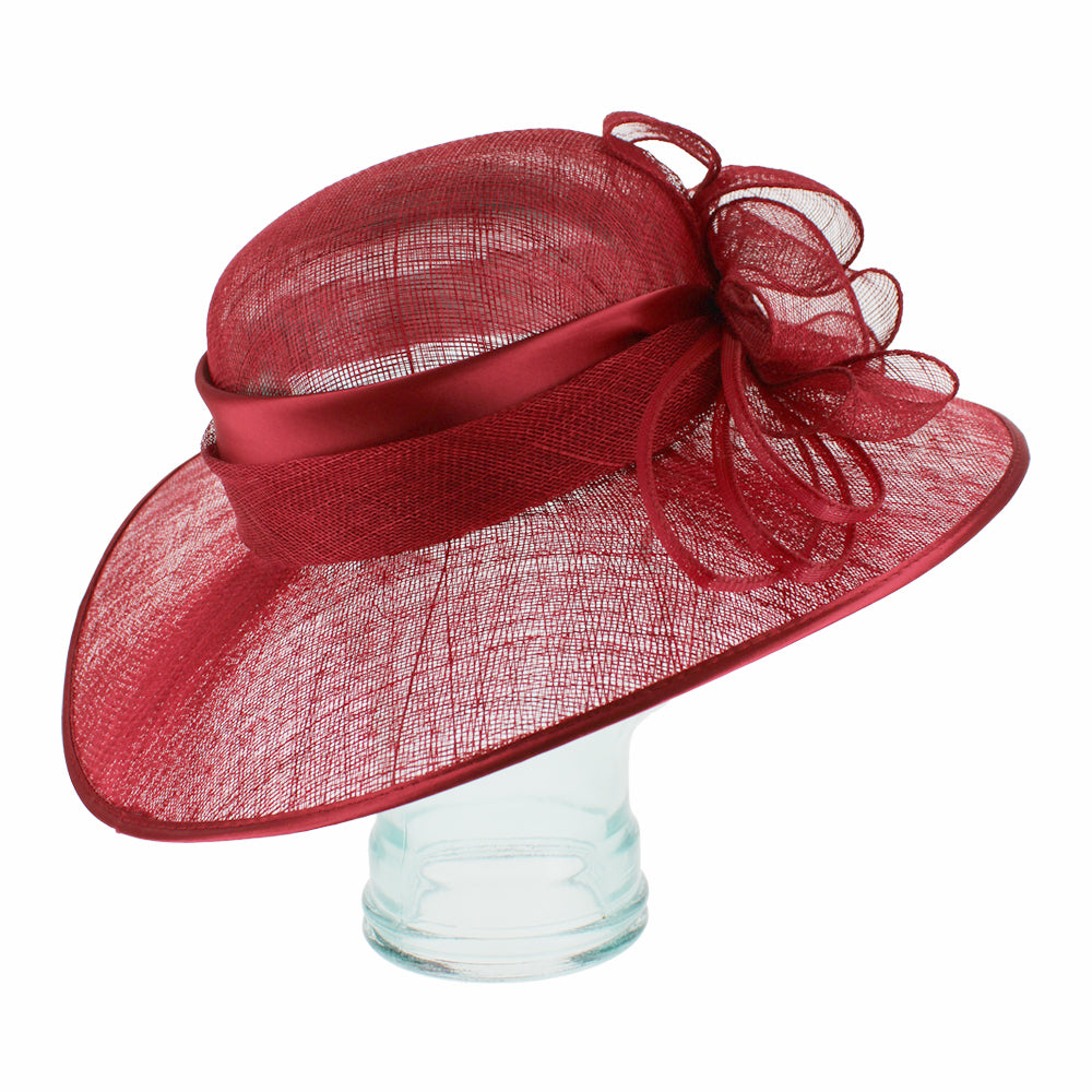 Red medium brim dress hat in sinamay straw with lightweight refined design