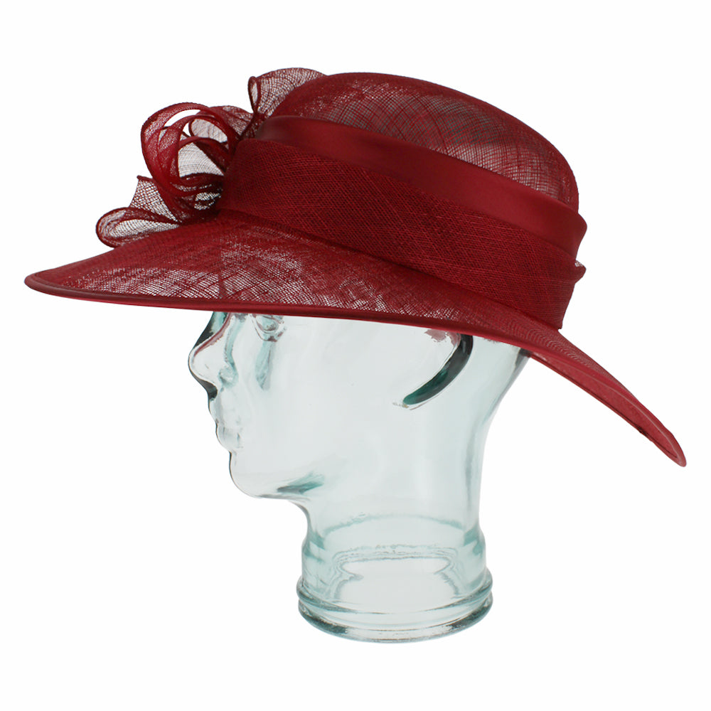 Red dress hat with medium brim and coordinating band for bold formal styling
