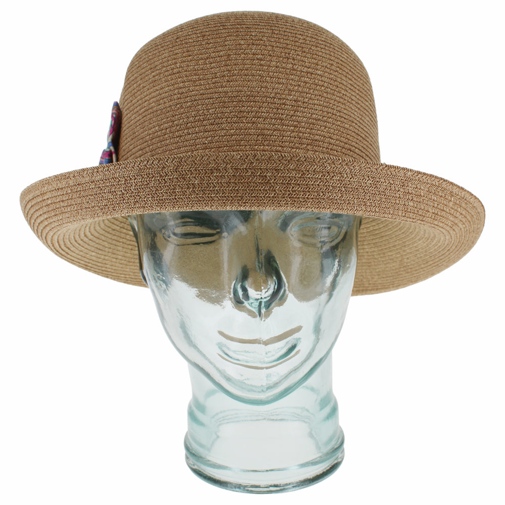 Natural paper yarn cloche hat with flexible packable construction and bow detail