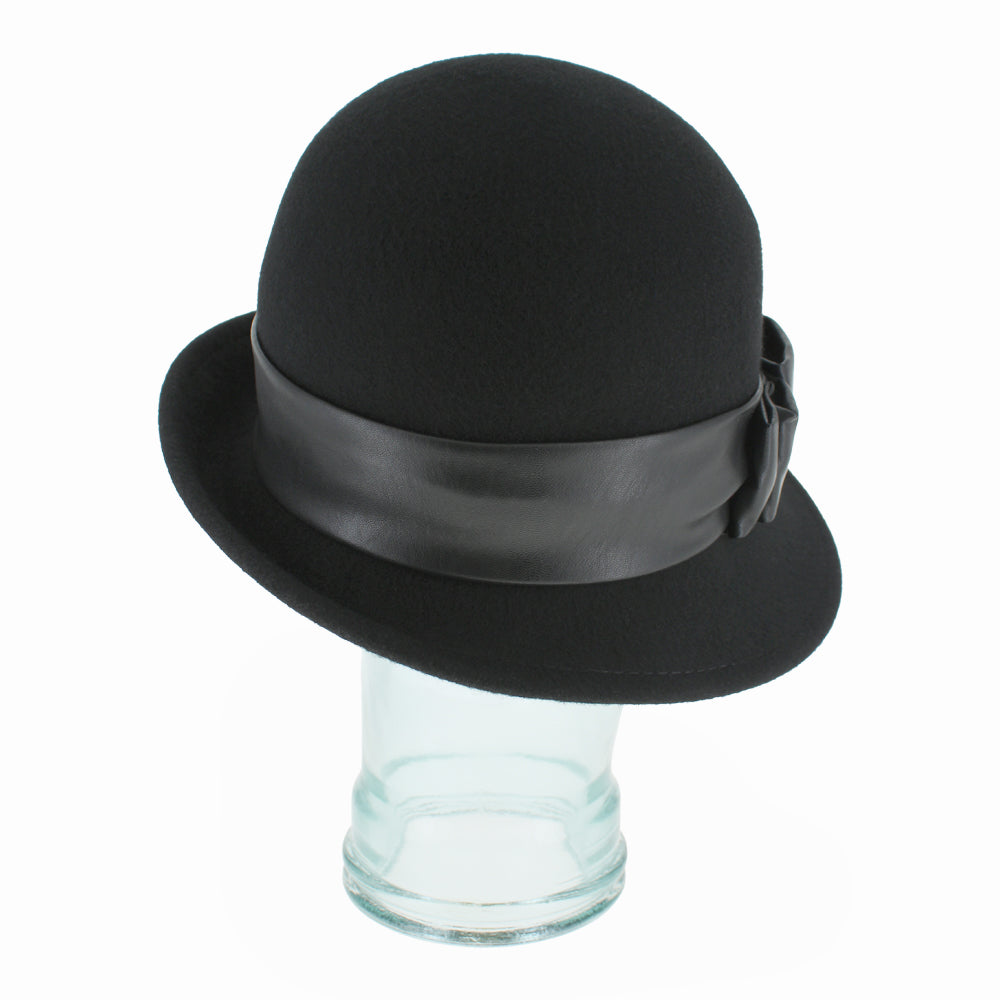 Top view of Carabelle black cloche highlighting crown shape and leather band detail